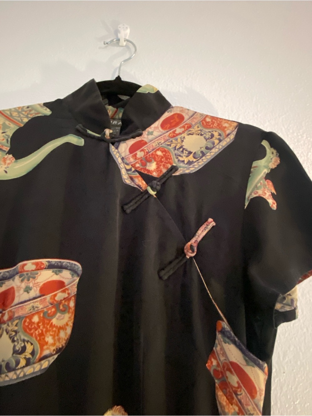 Black 100% Pure Silk Tea Pot Print Midi Dress with Mandarin Collar - Picture 6 of 12
